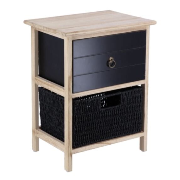 Petit meuble Paulownia/MDF 1 tiroir avec poignée bronze et 1 panier papier 48x37,5x27,5cm noir - TENDANCE