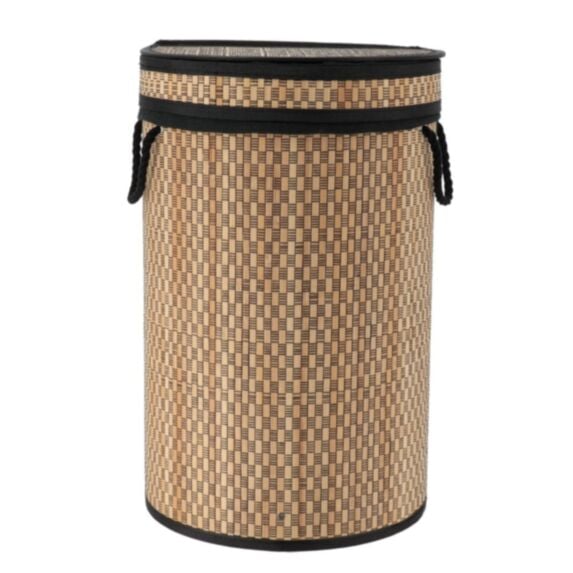 Panière à linge pliable avec couvercle intégré bambou et coton naturel/noir - TENDANCE