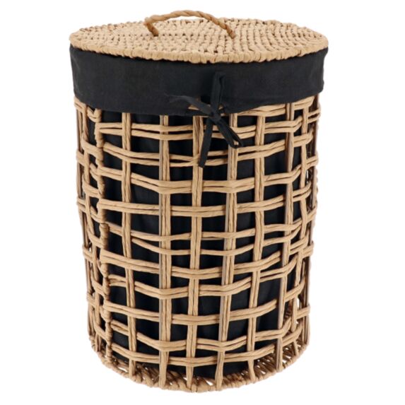 Panier à linge Papier tressé ajouré Naturel/Tissu noir 35x48cm - TENDANCE