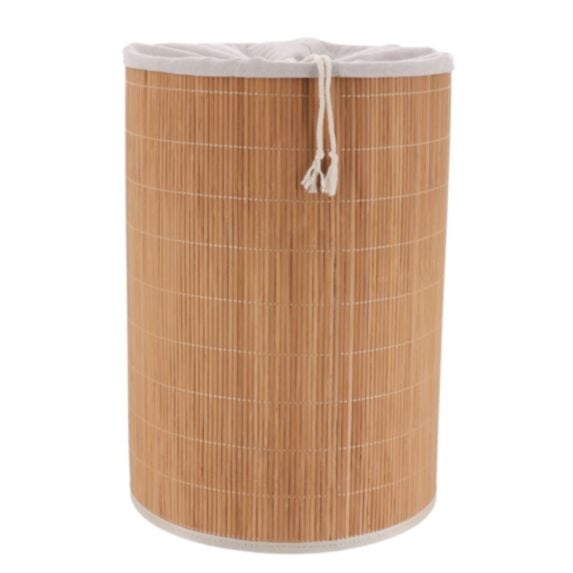 Panière à linge pliable ronde bambou/tissu lin - TENDANCE