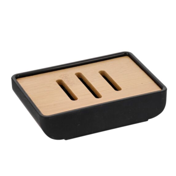Porte-savon rectangulaire Rubber/bambou Noir 8cm - TENDANCE
