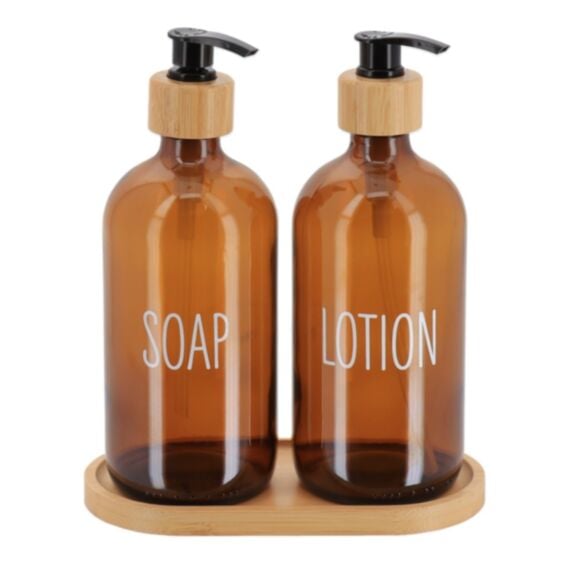 Set 2 distributeurs en verre 500ml et plateau bambou 17,5x8x21,5cm - TENDANCE