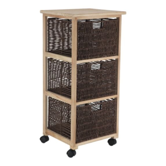 Meuble carré sur roulettes paulownia MDF peuplier 3 tiroirs papier 82x38x33,5cm marron naturel - TENDANCE