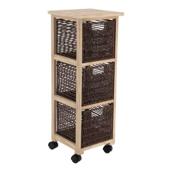 Meuble carré sur roulettes paulownia MDF peuplier 3 tiroirs papier 77x29x27 marron naturel - TENDANCE