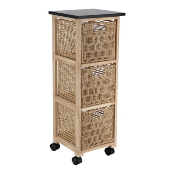 Meuble carré sur roulettes paulownia MDF peuplier 3 tiroirs papier 77x29x27 naturel - TENDANCE