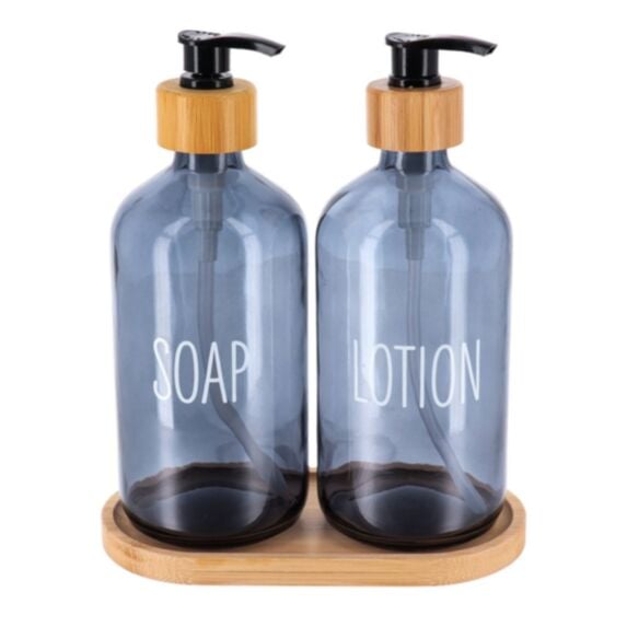 Set 3 distributeurs en verre 500ml bleu et plateau bambou 17,5x8x21,5cm - TENDANCE