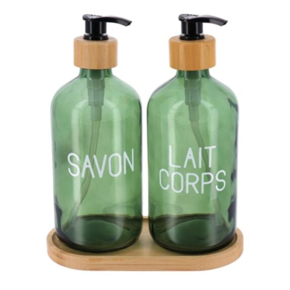 Set 2 distributeurs en verre 500ml vert et plateau bambou 21,5x17,5x8cm - TENDANCE
