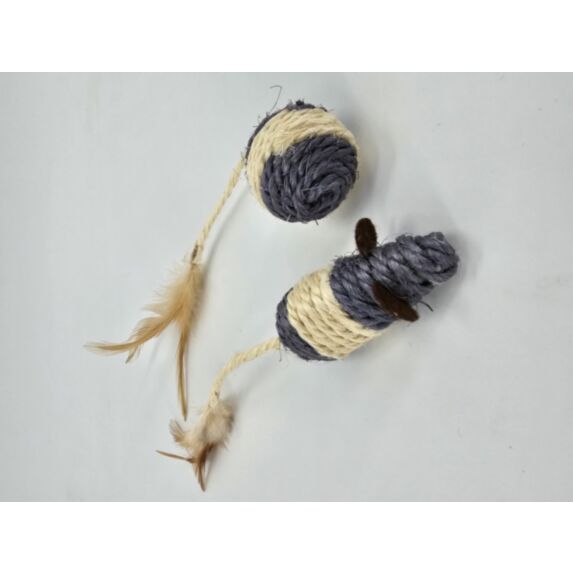Jouets chat souris 24 cm et balle 4 x 18 cm sisal et plume gris/blanc - ZAMIBO