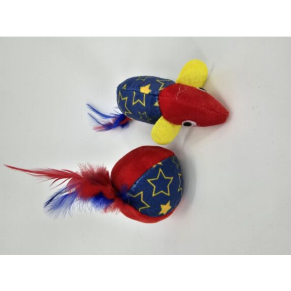 Jouet chat 2 p balle 5 cm souris 10 cm tissu plume rouge bleu - ZAMIBO