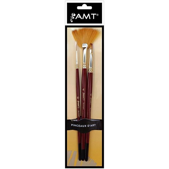 Set de 3 pinceaux évantail n°4 plat n°2 rond n°0 acrylique/huile - AMT