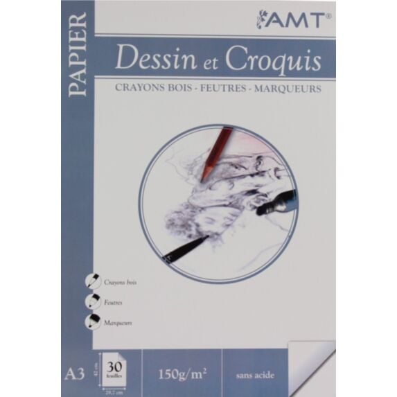 Bloc de papier Dessins et croquis 30 feuilles 150gr/m² format A3 - AMT