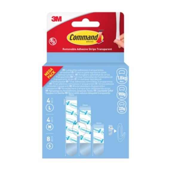 Assortiment languettes adhésives 8S 4M 4L transparent - 3M COMMAND