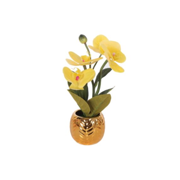 Orchidée jaune artificielle pot céramique doré Ø10 x 26,5 cm