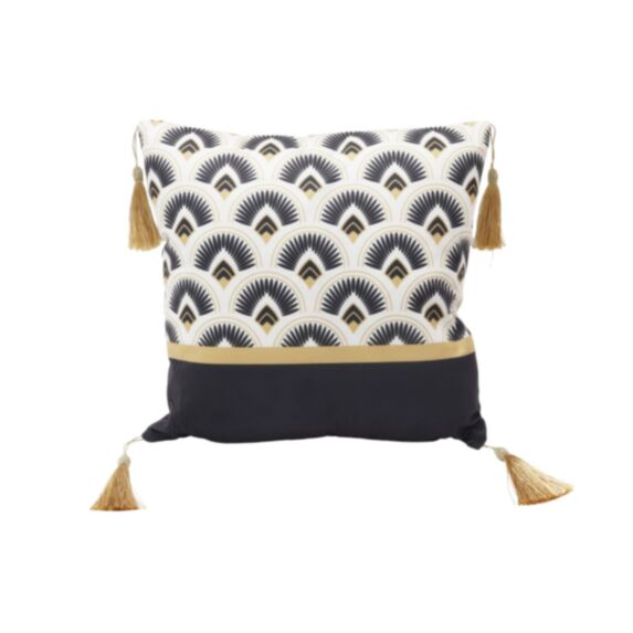 Coussin décoratif 40x40cm + pompoms effet velours noir/or