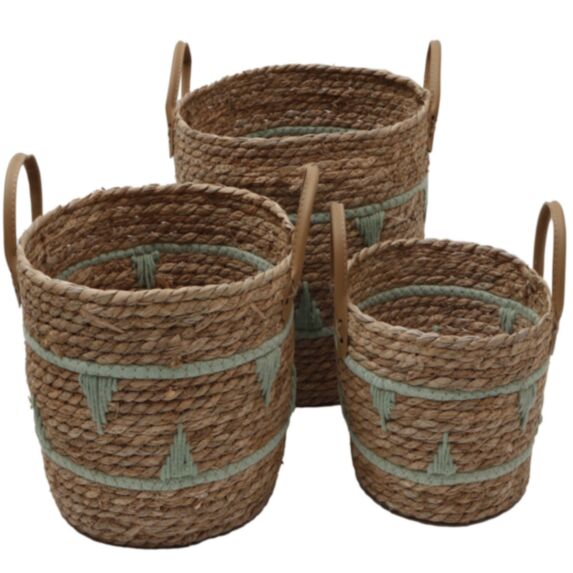 Corbeille décorative à anses tressée jonc de mer Ø35cm H25cm naturel motif vert clair