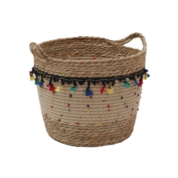 Corbeille décorative Jonc de mer anses franges pompons 32cmx26cm naturel