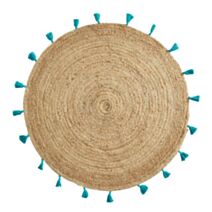 Tapis Shira Ø120 cm en jute/pompons turquoise - D.D'INTERIEUR