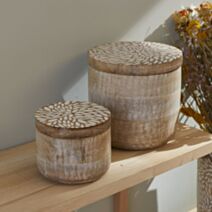 Set de 2 boîtes rondes Mango Wood en bois manguier sculpté beige - LA FACTORY