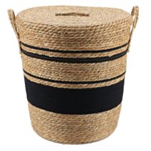 Panier à linge paille/coton Naturel/Noir D42x48cm - TENDANCE