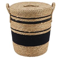 Panier à linge paille/coton Naturel/Noir Ø32x38cm - TENDANCE
