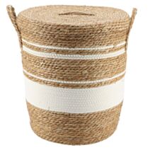 Panier à linge Paille/coton Naturel/Blanc D42xH48cm - TENDANCE