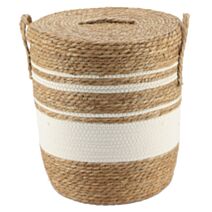 Panier à linge Paille/coton Naturel/Blanc D37x43cm - TENDANCE