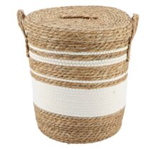 Panier à linge Paille/coton Naturel/Blanc 32x38cm - TENDANCE