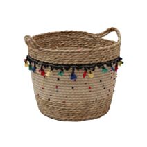 Corbeille décorative Jonc de mer anses franges pompons 32cmx26cm naturel