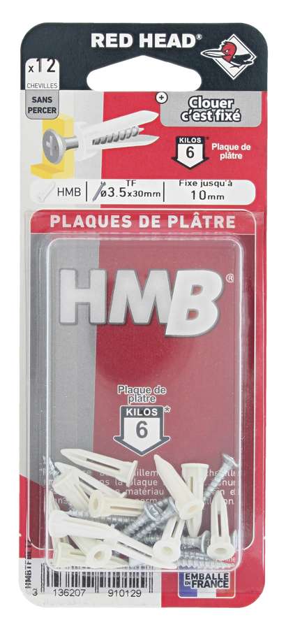 12 Chevilles HMB + Vis TF 3,5x30mm - RED HEAD