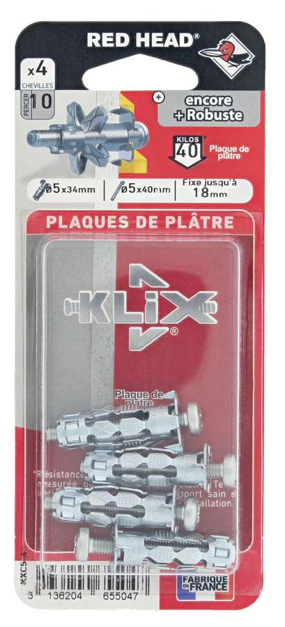 4 Chevilles Klix Métalliques Ø5x34mm + Vis TR Ø5x40mm - RED HEAD