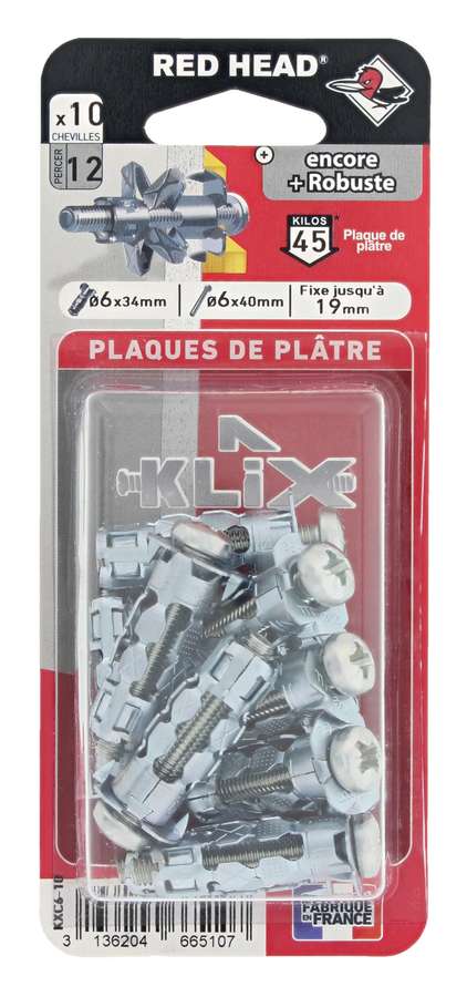 10 Chevilles Klix Métalliques Ø6x34mm + Vis TR Ø6x40mm - RED HEAD