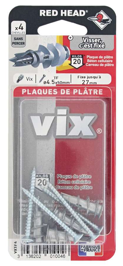 4 Chevilles Vix Autoforeuses + Vis TF Ø4,5x50mm - RED HEAD