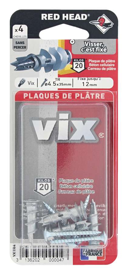 4 Chevilles Vix Autoforeuses + Vis TR Ø4,5x35mm - RED HEAD