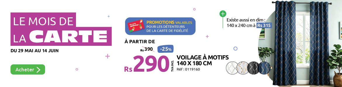 voilages a motifs en promotion a moins vingt cinq pourcent de remise pour les detenteurs de la carte de fidelite uniquement 